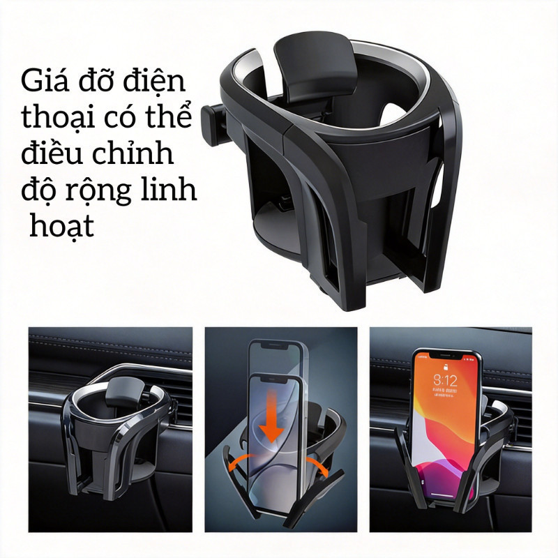 Giá Đỡ Cốc Ô Tô Đa Năng 2 Trong 1 – Có Thể Điều Chỉnh, Xoay 360°, Chống Rung, Gắn Cửa Gió/Lưng Ghế
