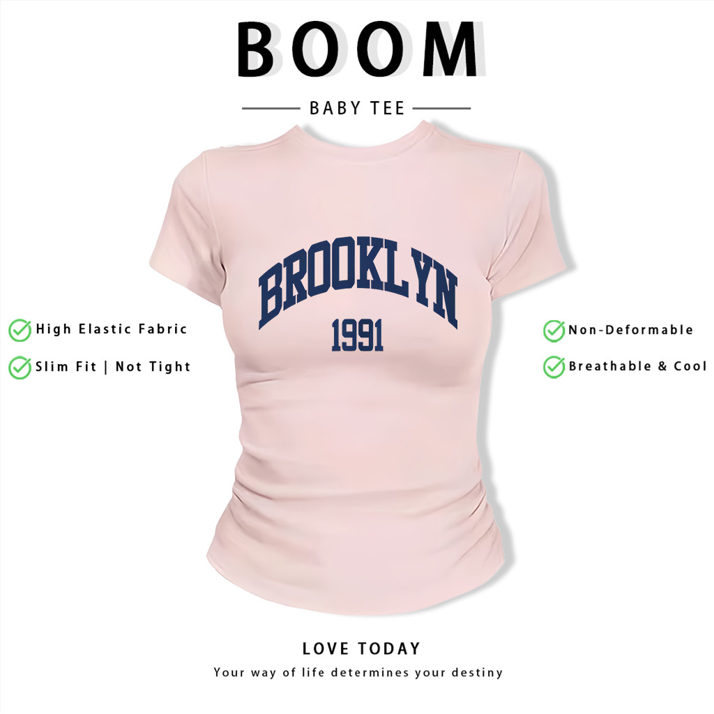 BOOM Áo Baby Tee Nữ Cotton Ôm Body-Áo Thun Ngắn Tay Y2K In Hình PhongCách Mùa Hè, Cổ Tròn Hàng Đầucách hàn quốc phongK11