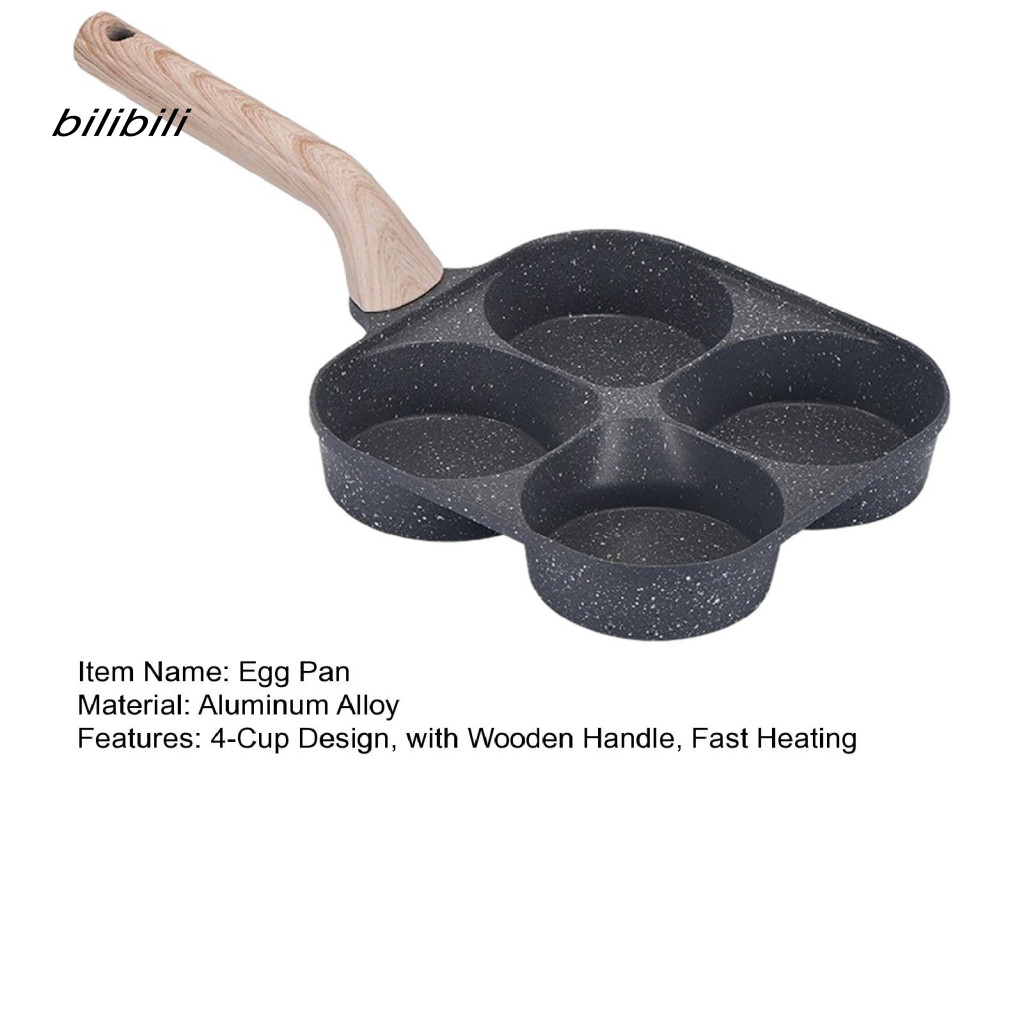 BIL Chảo trứng chống dính 4 cốc Skillet ăn sáng 4 trong 1 có tay cầm bằng gỗ – Làm nóng nhanh bằng nhôm Omelette Pancake Burger Bacon Chảo chiên để nấu ăn dễ dàng Chảo chiên Burger