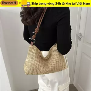 Túi xách ESSENCEH, Túi rơm mây bện thủ công, Túi đeo vai dung tích lớn dệt thời trang dành cho nữ