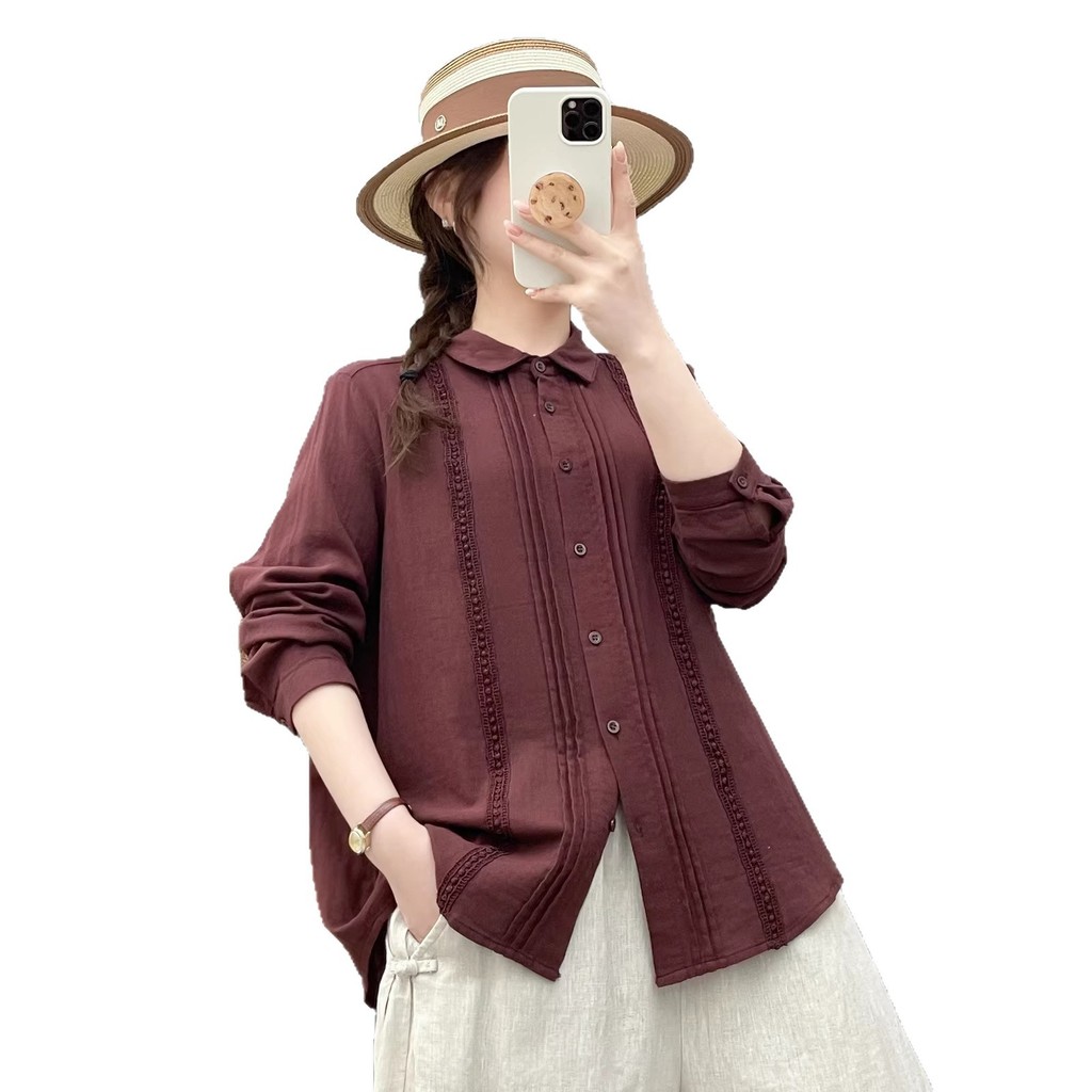 Áo sơ mi nữ ren lưới tay dài xếp ly dáng rộng xuân hè mới