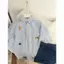 Áo sơ mi ngắn tay thêu kẻ sọc hoạt hình màu xanh lam dành cho nữ Áo sơ mi phong cách Preppy POLO Top
