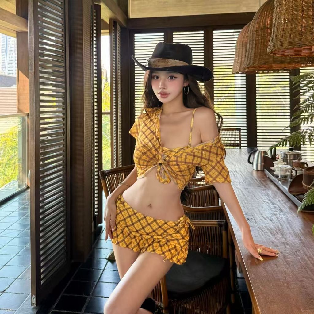 Đồ Bơi Mỹ Cô Gái Nóng Kẻ Sọc Chia Bốn Mảnh Mùa Xuân Nóng Phong Cách Kỳ Nghỉ Bikini Đồ Bơi