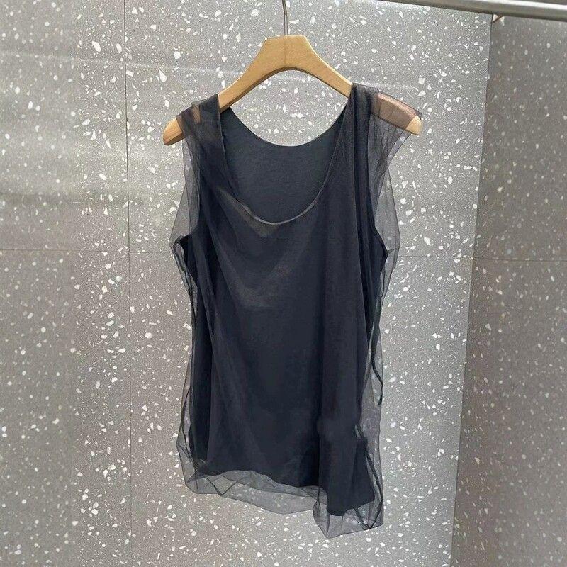 [Giảm giá trong thời gian có hạn] Áo yếm mùa hè Plus Size Nữ Mùa hè Phong cách mới Gạc Thiết kế Fat MM Cổ tròn giả hai mảnh