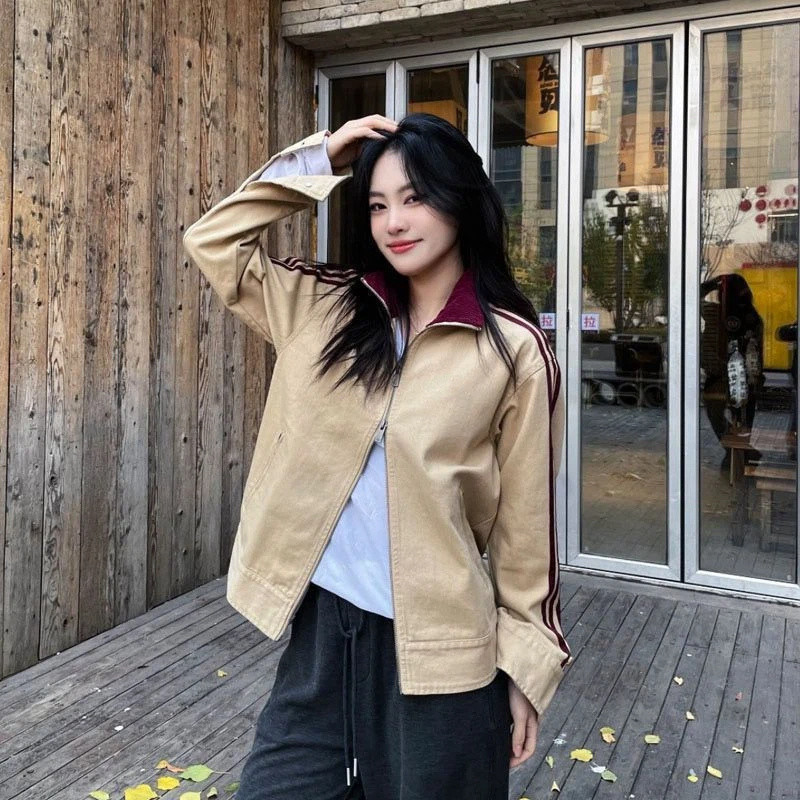 2026 Thu Đông Xuân Nam Nữ Rửa Cotton Đứng Cổ Sọc Áo Khoác Thêu Cặp Đôi Áo Khoác | BigBuy360 - bigbuy360.vn