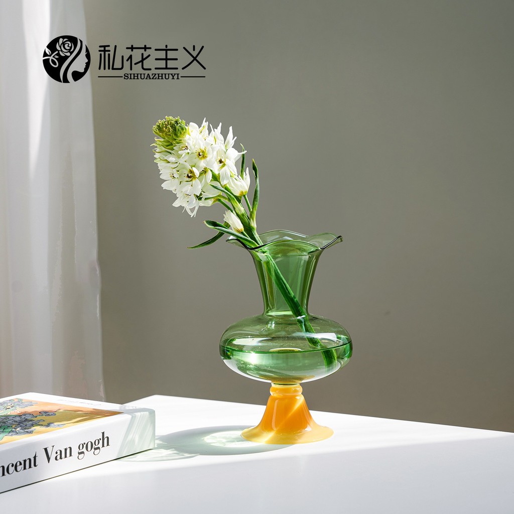 bình hoa thủy tinh màu xanh lá phong cách vintage pháp lọ hoa decor phòng khách sang trọng bình bông miệng bèo thiết kế cao cấp