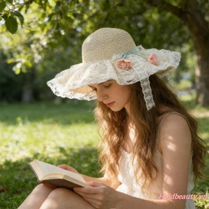 Mũ chống nắng ống hút nữ thoáng khí Thiết kế ren hoa trang trí phong cách Mũ đi biển vành rộng