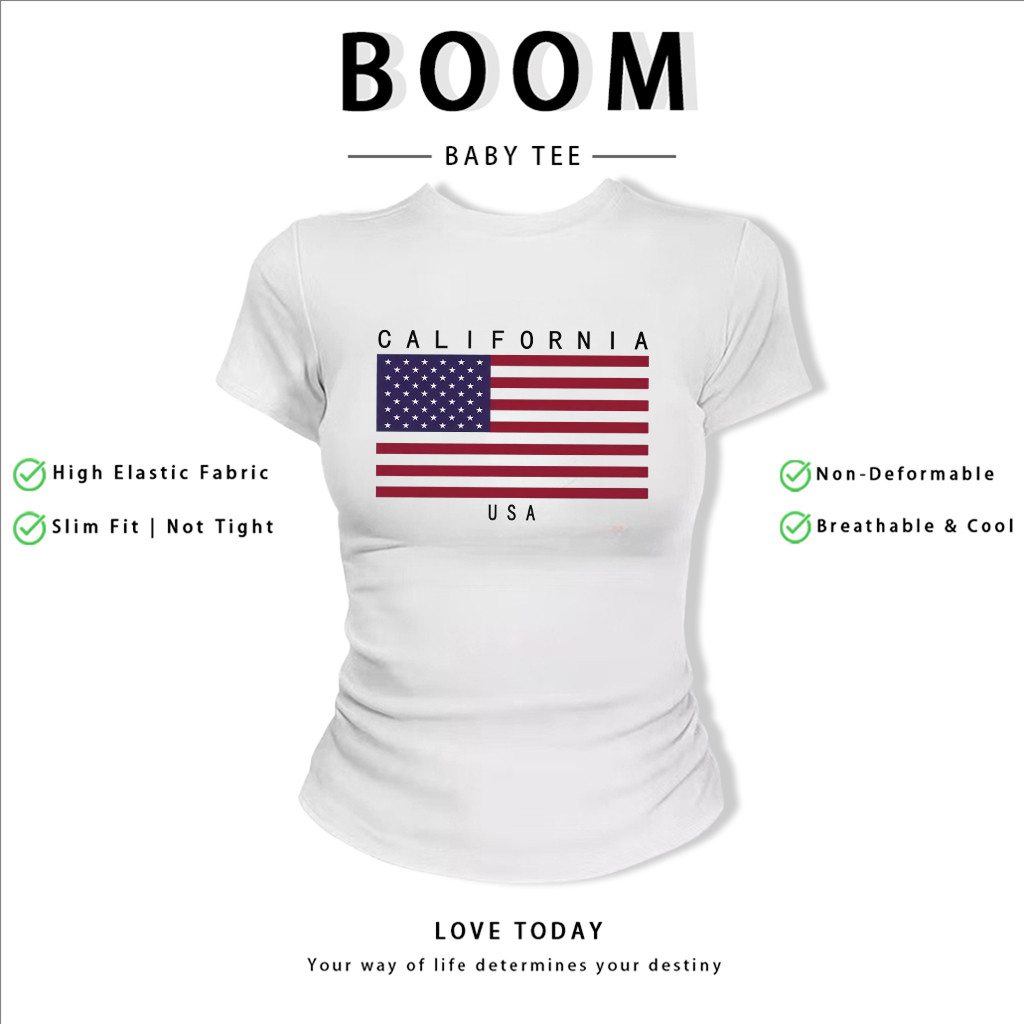 BOOM Áo Baby Tee Nữ Cotton Ôm Body-Áo Thun Ngắn Tay Y2K In Hình PhongCách Mùa Hè, Cổ Tròn Hàng Đầucách hàn quốc phongG54