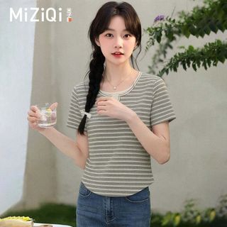 【MIZIQI】Áo thun ngắn tay sọc ngang dành cho nữ, áo hai dây ngắn tay giả dáng rộng