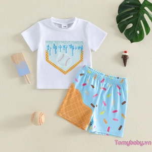 Trang phục mùa hè cho bé trai mới biết đi Áo thun ngắn tay in hình bóng chày + Quần Short lưng co giãn Bộ 2 chiếc