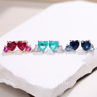 Châu Âu Mỹ ins Phong Cách Mới Tình Yêu Đỏ Corundum Zircon Tình Yêu Trái Tim Bông Tai Nữ