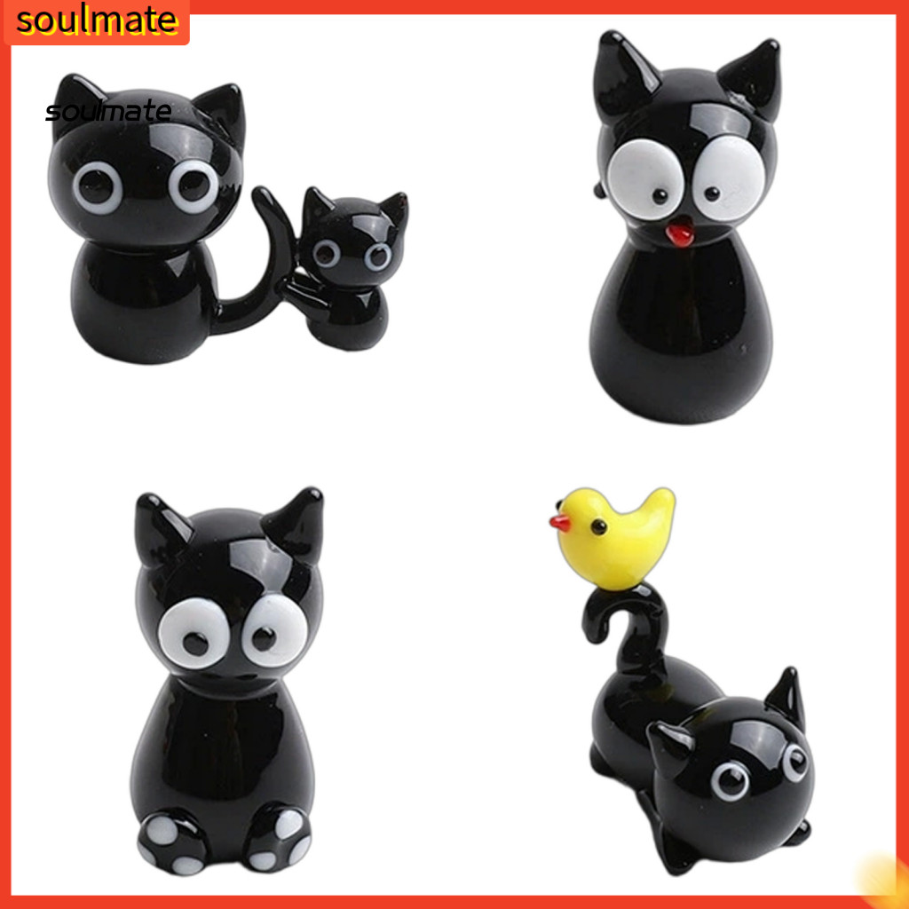 Đồ trang trí mèo đen thủy tinh thủ công, hình Kitty nhỏ cho máy tính để bàn, kệ sách, phong cảnh vi mô