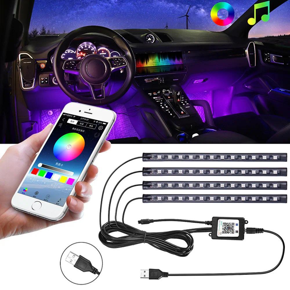 [Sẵn sàng] Đèn xung quanh ô tô RGB LED Dải chân tự động USB Đèn nội thất ô tô Dải trang trí Thanh điều khiển từ xa Đèn khí quyển