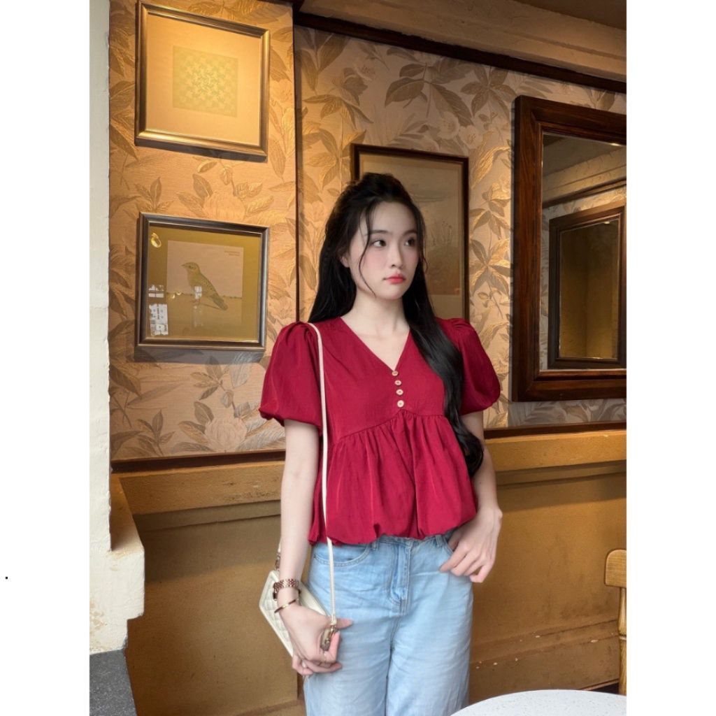 Áo kiểu hottrend nữ cổ V áo bí trẻ trung A3003 - SamHi Closet