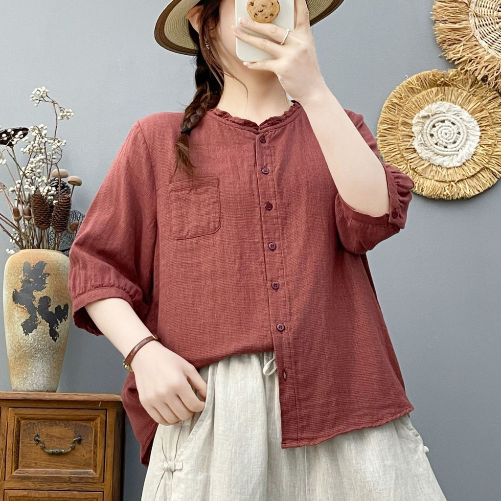 Áo sơ mi nữ Cotton chất lượng cao Sợi ngàn lưới chim dáng rộng Áo sơ mi thường ngày