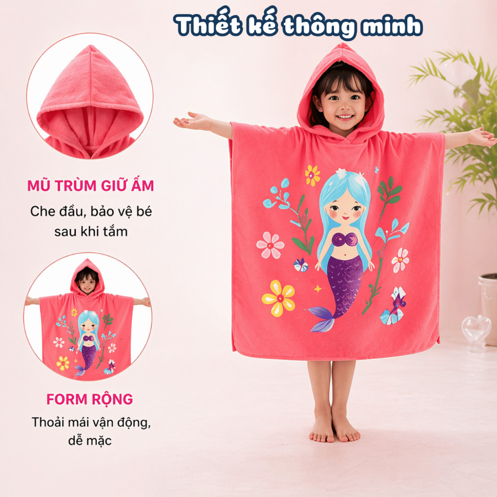 Khăn Tắm Cotton Cho Bé Có Mũ,  Khăn Tắm Trùm Đầu Trẻ Em, Thấm Hút Nhanh, Giữ Ấm Sau Khi Tắm, Đi Bơi