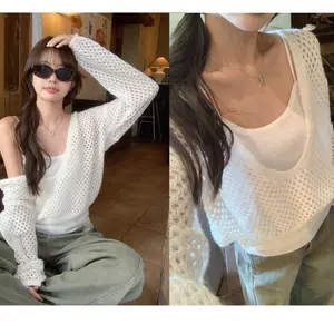 Áo sơ mi dệt kim rỗng đơn giản kiểu Hàn Quốc mùa xuân thu lười biếng cao cấp dành cho nữ 2026 Áo yếm xếp lớp phong cách mới