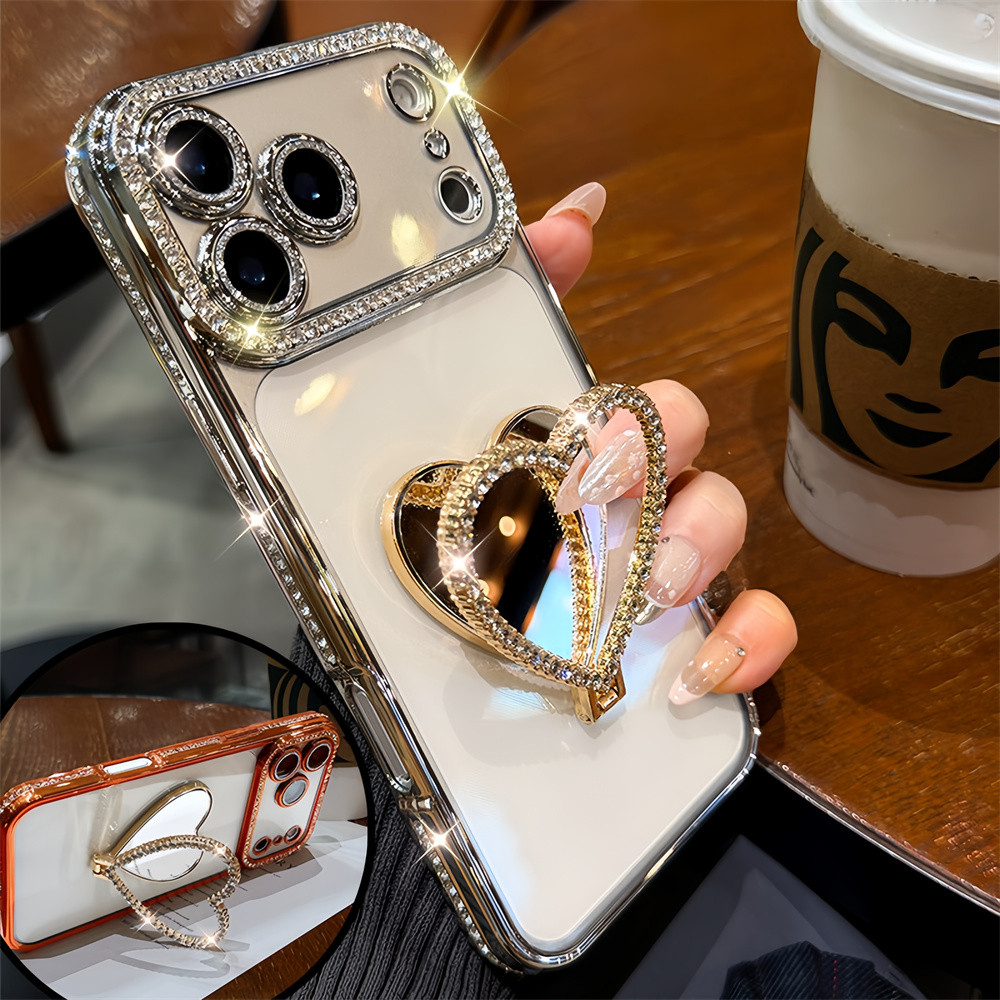 Flash Diamond Love Mirror Stand Ốp Lưng Điện Thoại iPhone 17 Pro Max 16 12 13 14 15 Pro Max Bao Gồm Bảo Vệ Ống Kính Máy Ảnh Vỏ Mềm Vỏ Điện Thoại Vỏ Bảo Vệ