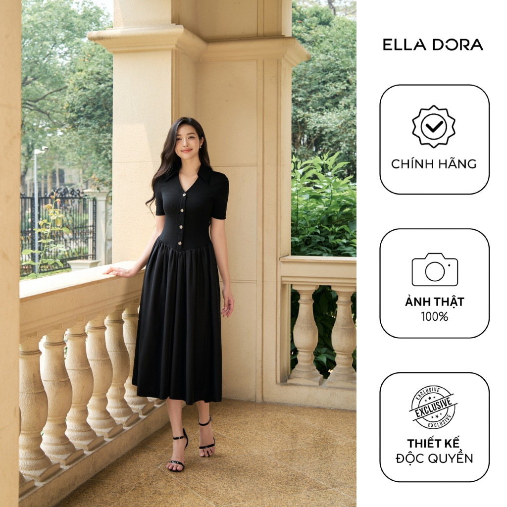 Đầm nữ ELLA DORA cổ V phối 4 cúc đồng thiết kế tôn dáng thanh lịch sang trọng màu ĐEN [D303]