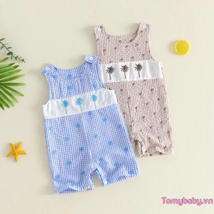 Bộ áo liền quần cho bé trai Bộ áo liền quần thêu cây dừa không tay dễ thương