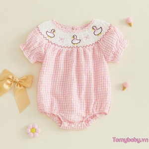 Bộ áo liền quần kẻ sọc mùa hè cho bé gái Bộ áo liền quần ngắn tay thêu nơ ngỗng