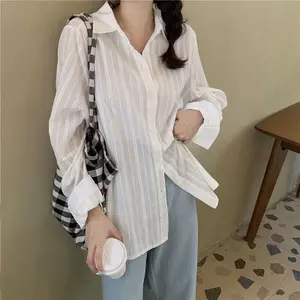 Áo sơ mi sọc trắng dài tay mỏng phiên bản Hàn Quốc, thiết kế mùa xuân phù hợp mặc hàng ngày