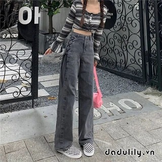 DADULILY Quần Bò Cạp Cao Thắt Dây HOT GIRL Quần Ống Rộng Tôn Dáng Gầy Ống Đứng Cho Nữ