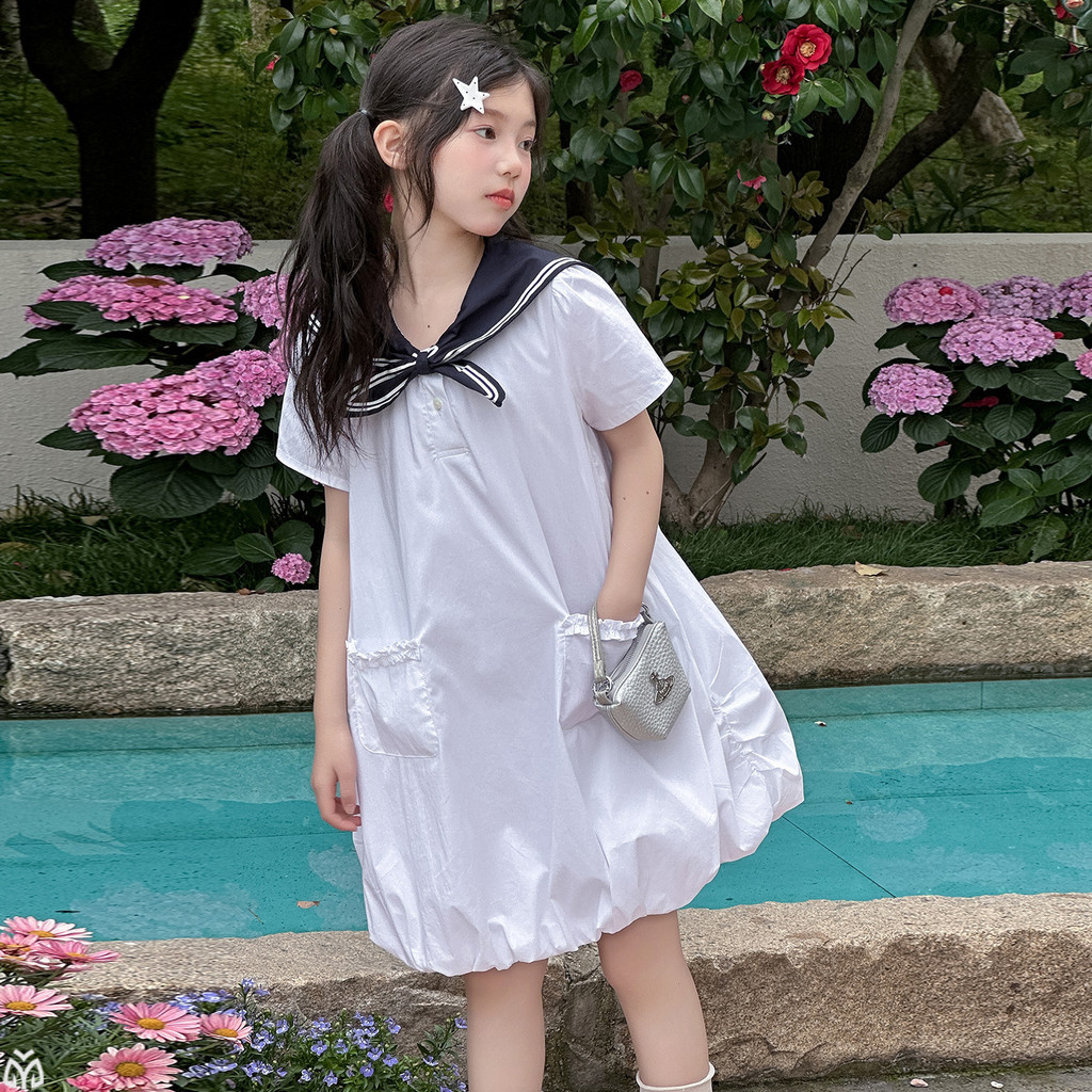 Bé Gái Cổ Hải Quân Hoa Nụ Đầm Mùa Hè 2026 Phong Cách Mới Trẻ Em Preppy Phong Cách Rời Tay Ngắn Đầm Công Chúa