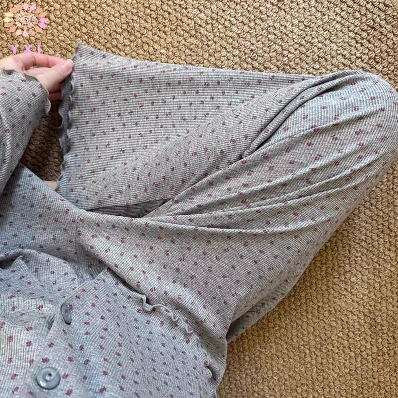 Y.X.I Retro Full-print Bộ Đồ Ngủ Hoa Ngọt Ngào Nữ Mùa Hè Cardigan Dài Tay Quần Rời Nhà Quần Áo Phù Hợp Với Mới