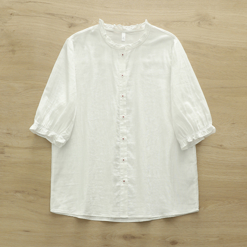 Áo sơ mi nữ cotton cao cấp cổ đứng ren tay ngắn màu trơn