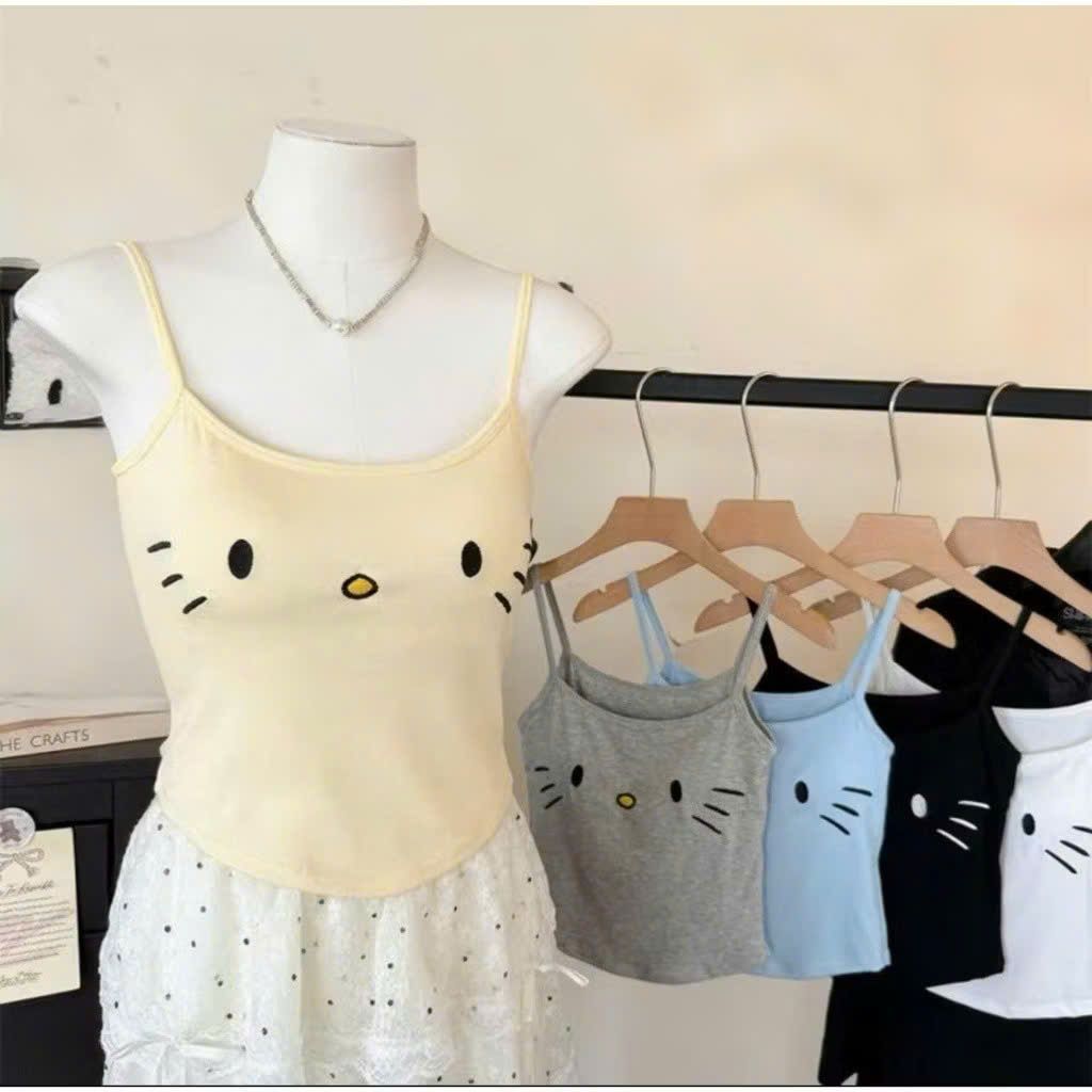( không có đệm mút ) Áo bún 2 dây gân tăm mềm mại co giãn, mẫu mới -hình mèo đơn giản- thoitrang2day