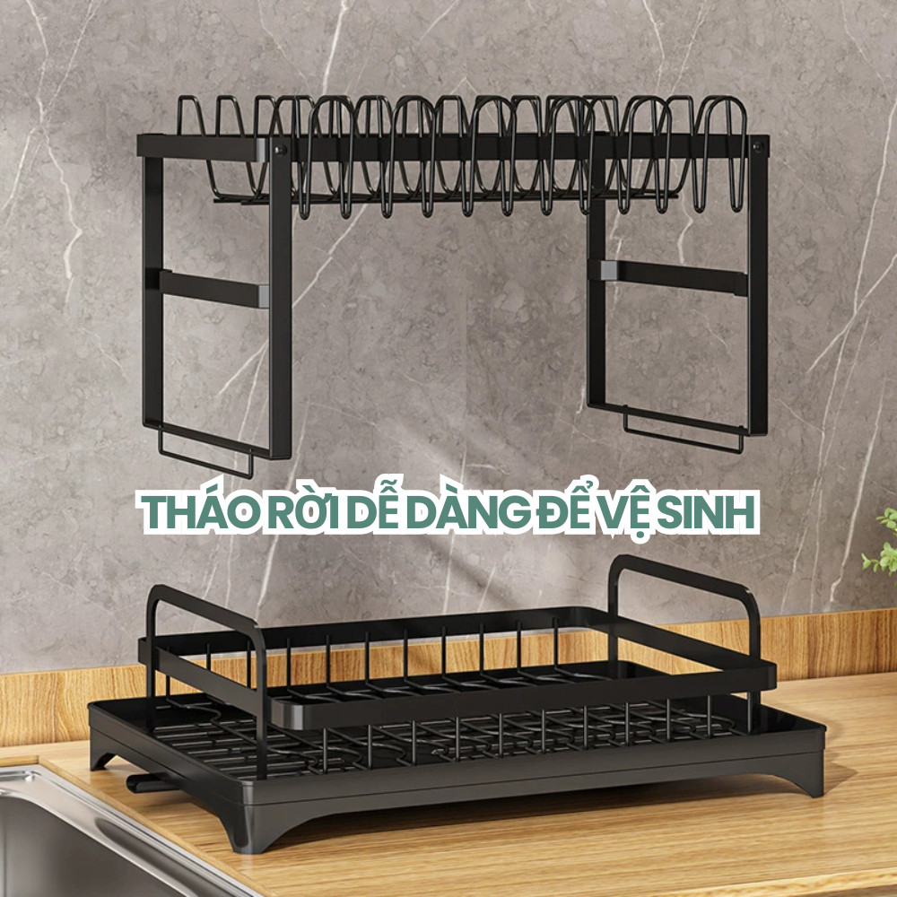 Kệ để chén bát 2 tầng THIẾT KẾ MỚI chất liệu thép carbon có khay úp cốc tiện lợi kèm đế thoát nước