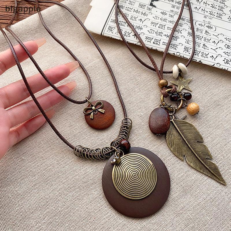 Bigapple Vintage Boho Kim Loại Lông Vũ Mặt Dây Chuyền Ren Nữ Handmade Lớp Trang Sức RDG