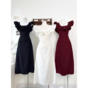 Đầm cổ vuông xếp bèo dáng midi xoè cột nơ sau trễ vai kiểu dáng nữ tính (có bigsize) MyaHouse