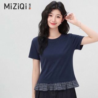 【MIZIQI】áo phông nữ Áo thun ngắn tay nữ, Áo kẻ sọc hai mảnh giả mỏng hơn