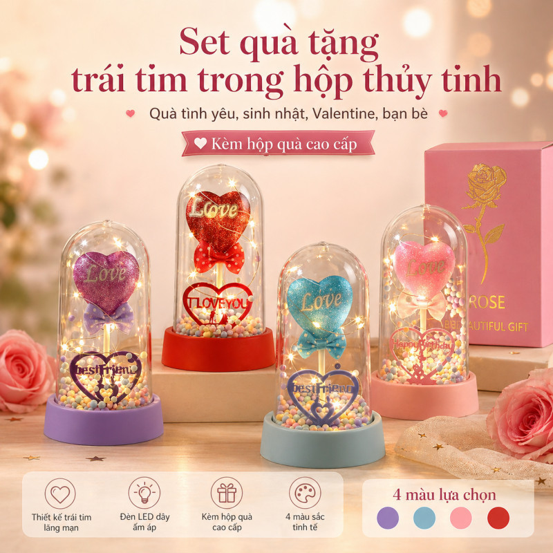 Hoa Hồng Vĩnh Cửu Phát Sáng 3D – Quà Tặng Valentine, Sinh Nhật, 8/3, Mạ Vàng 24K, Kèm Hộp Đế LOVE, Trang Trí Phòng