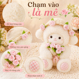Búp bê cừu bông 30cm ôm hoa hồng – Chất liệu cao cấp an toàn, mềm mại, Quà lãng mạn cho người yêu, sinh nhật