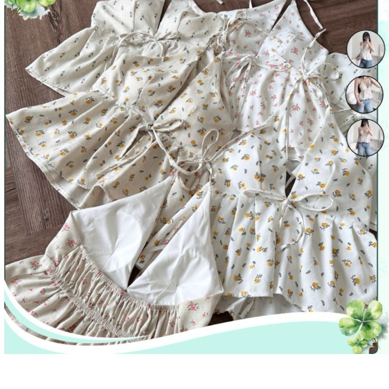Áo Yếm Nữ Hở Lưng Hoa Nhí Cột Dây Sẵn Đệm Mút Chất Linen - SamHi Closet