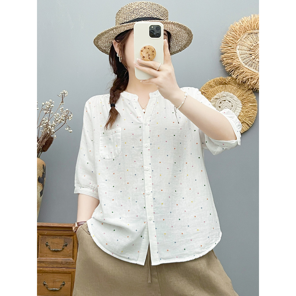 [Hàng có sẵn] Áo sơ mi nữ Cotton chấm bi mùa hè tay áo vừa mềm mại