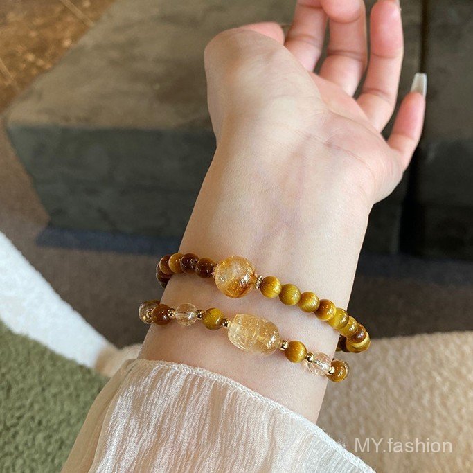 Vòng tay Citrine nhân tạo vòng tròn đôi, Pixiu Lucky Fortune Transfer Giả Golden Tiger Eye Vòng tay hình tròn đôi, Thiết kế thích hợp Cảm giác cao cấp
