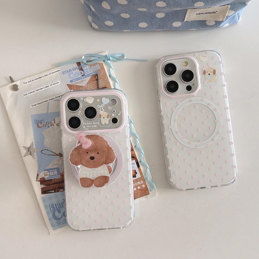 Vỏ cứng Tương thích với iPhone 13 14 14Pro 14ProMax 15 15Pro 15ProMax 16 16Pro 16ProMax 17 17Pro 17ProMax Vỏ nam châm họa tiết chó chấm sóng màu hồng