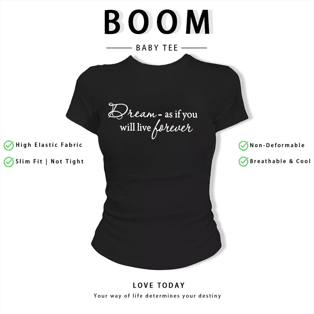 BOOM Áo Baby Tee Nữ Cotton Ôm Body-Áo Thun Ngắn Tay Y2K In Hình PhongCách Mùa Hè, Cổ Tròn Hàng Đầucách hàn quốc phongC28