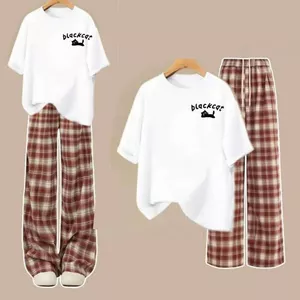Bộ đồ quần dài caro đỏ + phối áo phông chữ black cát in ng ự c unisex freesize - chang3159