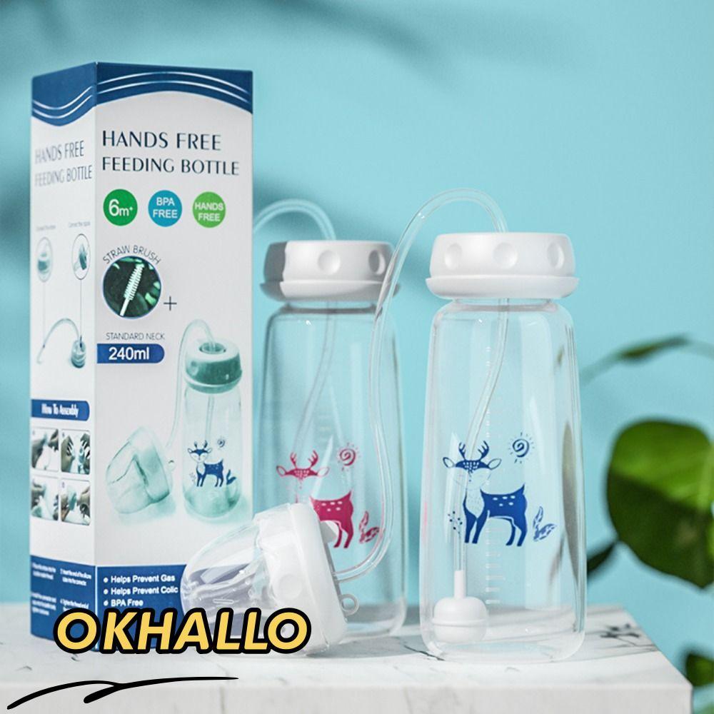 Bộ bình sữa OKHALLO, 8oz / 240ml có cọ hút Bình sữa rảnh tay, Bình trữ sữa bóng trọng lực tự ăn cổ bình thường cho bé từ 3 tháng tuổi trở lên