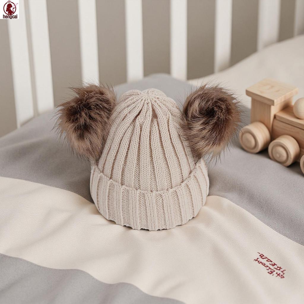 Mũ Trẻ Em Khăn Cho Trẻ Sơ Sinh 6-36 Tháng Với Lông Gấu Trúc Giả Pom Pom Thiết Kế Quả Bóng Kép Mùa Đông Ấm Áp