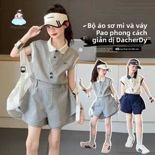 Bộ đồ bé gái polo thể thao - Áo sát nách phối màu váy quần chữ A set 2 món năng động