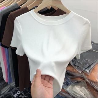 [Tùy chọn nhiều màu] Áo thun mặt nạ màu trơn cao cấp dành cho nữ tay ngắn mùa hè Slim-Fit Slimmer Look Bottoming Shirt Top e