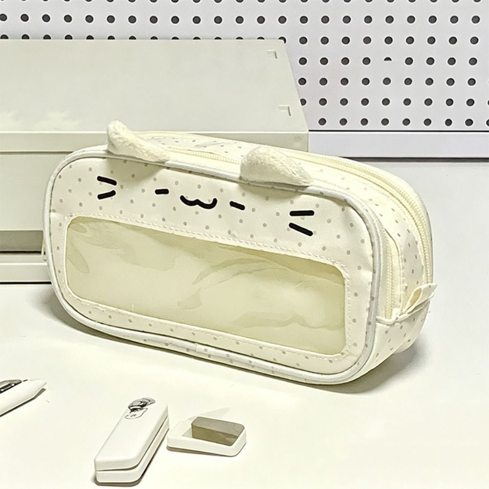 Bút Chì HIGHVIEWLS, Túi Đựng Bút Chì Họa Tiết Mèo Hai Lớp, Kawaii Di Động Với Cửa Sổ Hiển Thị Ita Túi Đựng Bút Dung Tích Lớn Văn Phòng Trường Học