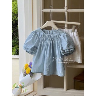 12-42kg (hàng thiết kế) Set áo xanh tay bồng mix quần đùi Sara min