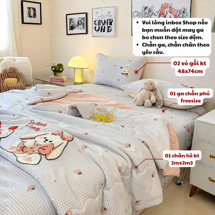(SCB105)Bộ chăn ga gối 4 món chất liệu đũi Memminbedding kèm chăn hè với họa tiết 5D thêu nổi siêu dễ thương